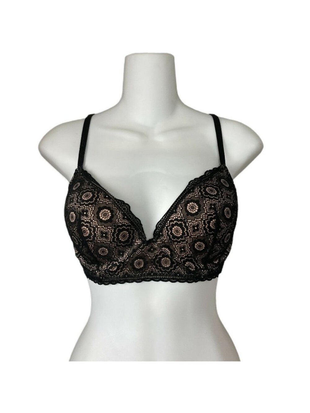 Aerie Womens Bra Black Beige Lace Floral 32D Nylon Blend Adjustable Straps